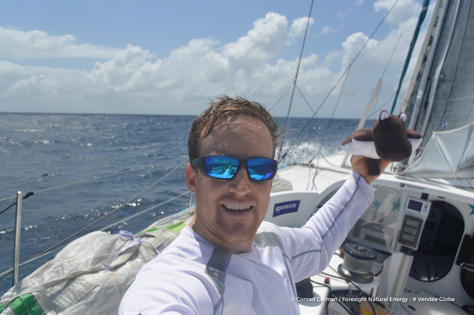 Conrad Coleman sailing around the world unassisted and without diesel fuel.