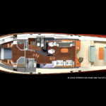 A schematic drawing of the interior layout of a Hood 57 power yacht.