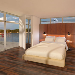 A rendering of the bedroom on a floating house called Immerst by Stephens Waring Yacht Design