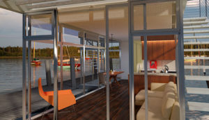 A rendering of a living space on a floating house called Immerst by Stephens Waring Yacht Design